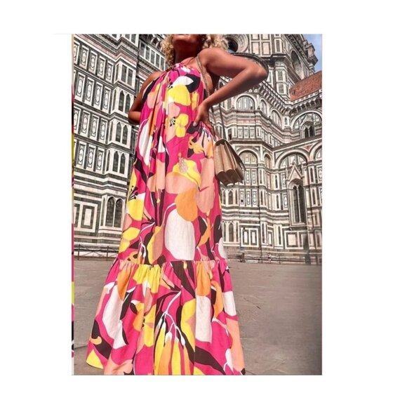 TED BAKER Maxi Dress Ikella Strappy Back Hater Floral Linen Pleated Resortwear 0 - Picture 2 of 16